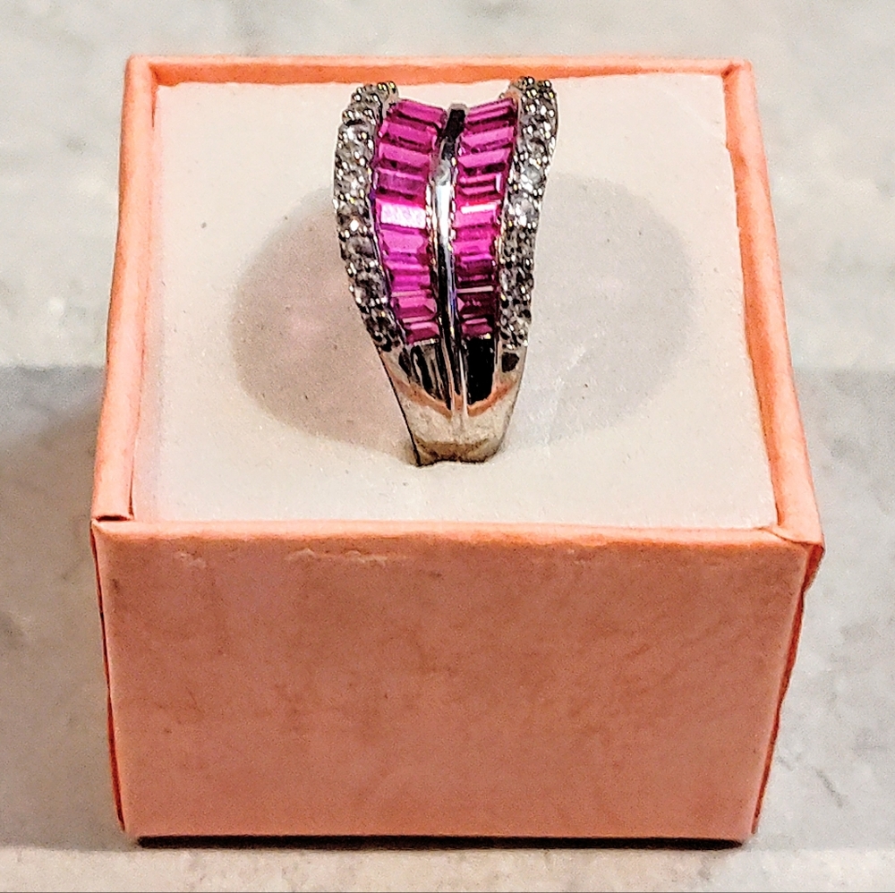 VINTAGE 4 ROW ETERNITY BAND BAGUETTE CUT RUBIES & ROUND DIAMONDS SILVER RING - Picture 6 of 12